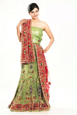 Designer Net Green Pink Bridal Lehanga Choli