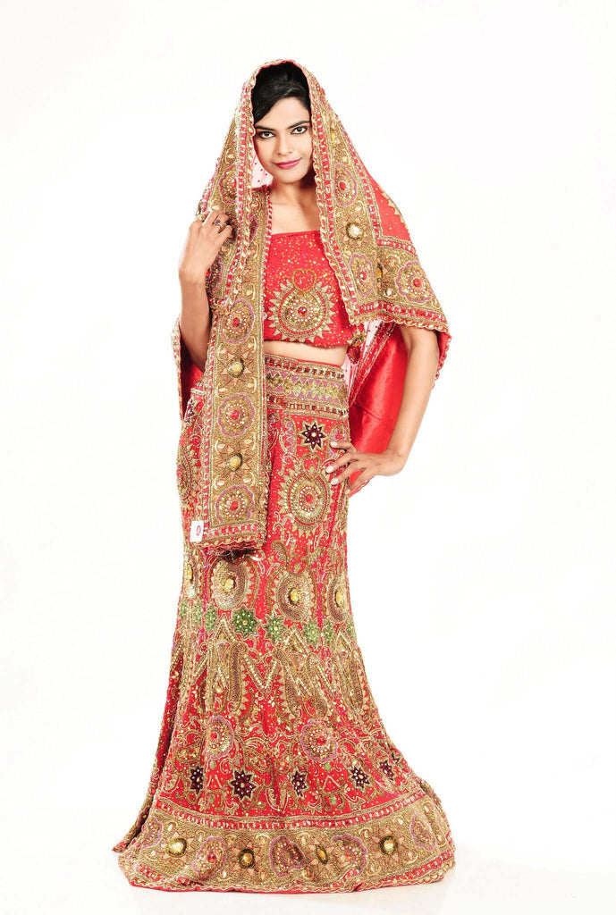 Red Faux Georgette Stone and Pearl Work Bridal Lehenga