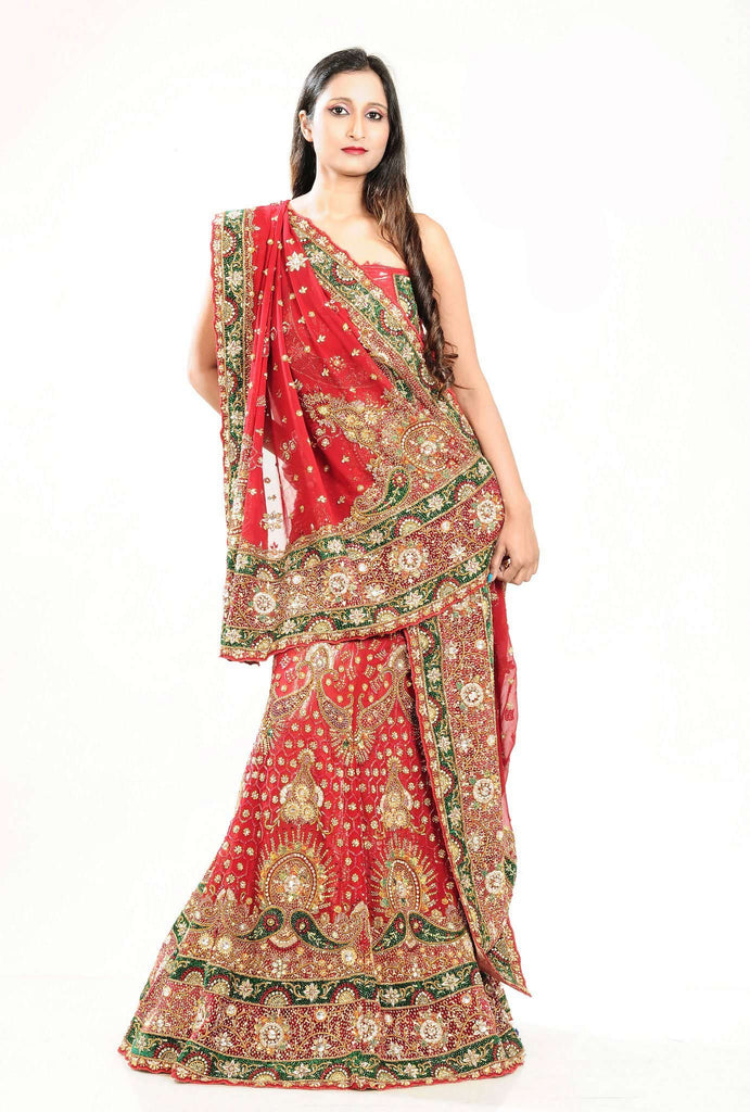 Red and Green Faux Georgette Work Bridal Lehenga Choli