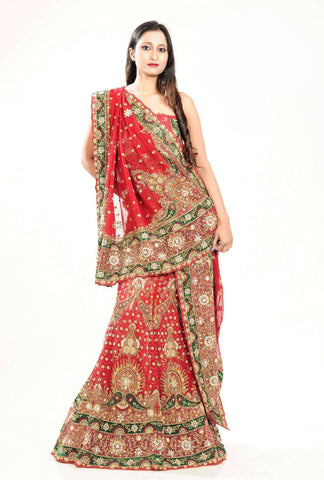 Red and Green Faux Georgette Work Bridal Lehenga Choli