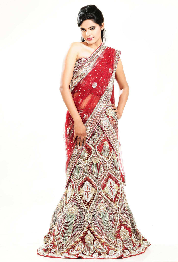 Red Net Stone and Moti Work Bridal Lehenga