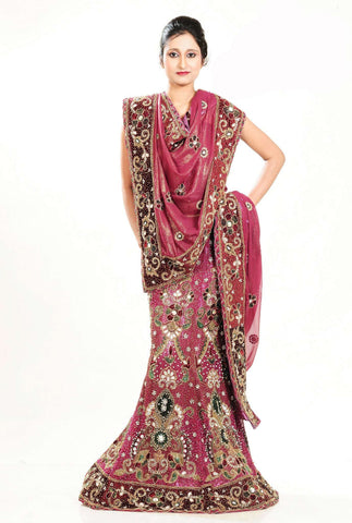 Pink Faux Georgette Stone and Zardosi Work Bridal Lehenga