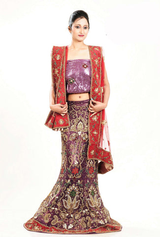 Purple and Red Net Fish Cut Crystal Work Lehenga Choli