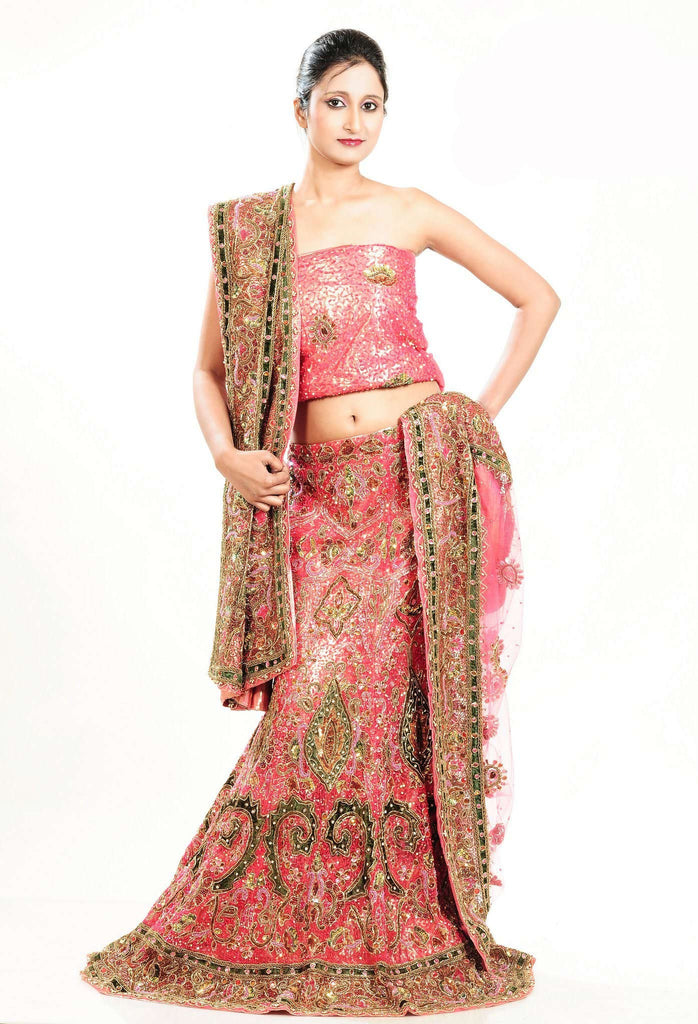 Pink Net Sequins and Stone Work Bridal Lehenga