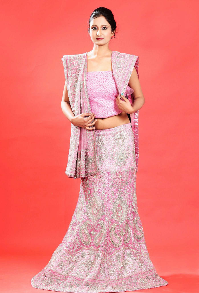 Pink Net Embroidery and Stone Work Lehanga Choli
