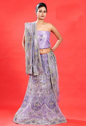 Embroidered Glass Tissue Lavender Lehanga Choli - RAJSHRIFASHIONS
