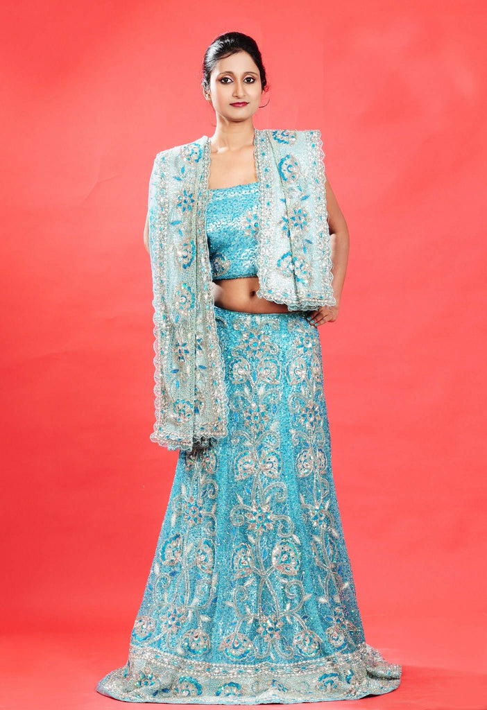 Blue Net Stone and Cut Work Lehanga Choli - RAJSHRIFASHIONS