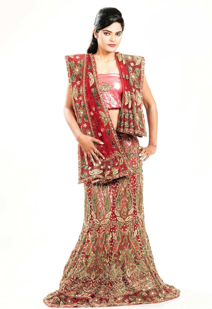 Red Net crystal Fish Cut Work Bridal Lehenga