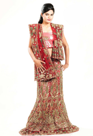 Red Net crystal Fish Cut Work Bridal Lehenga