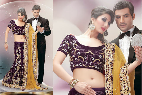 Lovely Purple And Musturd Color Viscose Velvet Net Zari Embroidered Lehenga Choli
