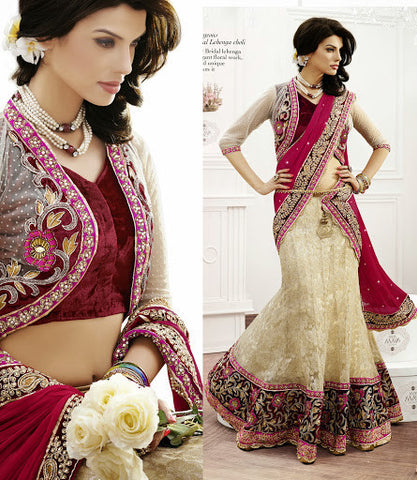 Tusser And Red Gorgeous Floral Worked Bridal Lahenga Choli