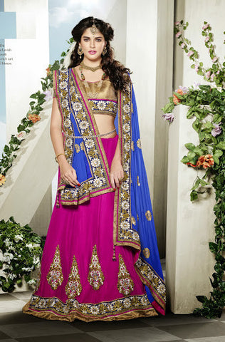 Dark Fuchsia pink Net Applique Lace And Patch Border Work Designer Lehenga