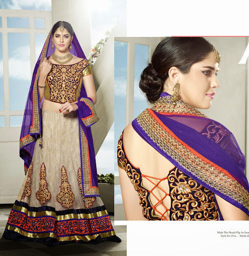 Elegant Light Beige Color Net Jacquard Embroidered With Purple Net Dupatta 