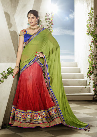 Shaded  Red Net Embroidered Designer Lehenga Choli  