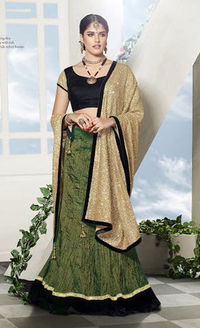 Dark Green Crushed Art Silk Sequins Embroidery Lehenga Choli With heavy Dupatta 