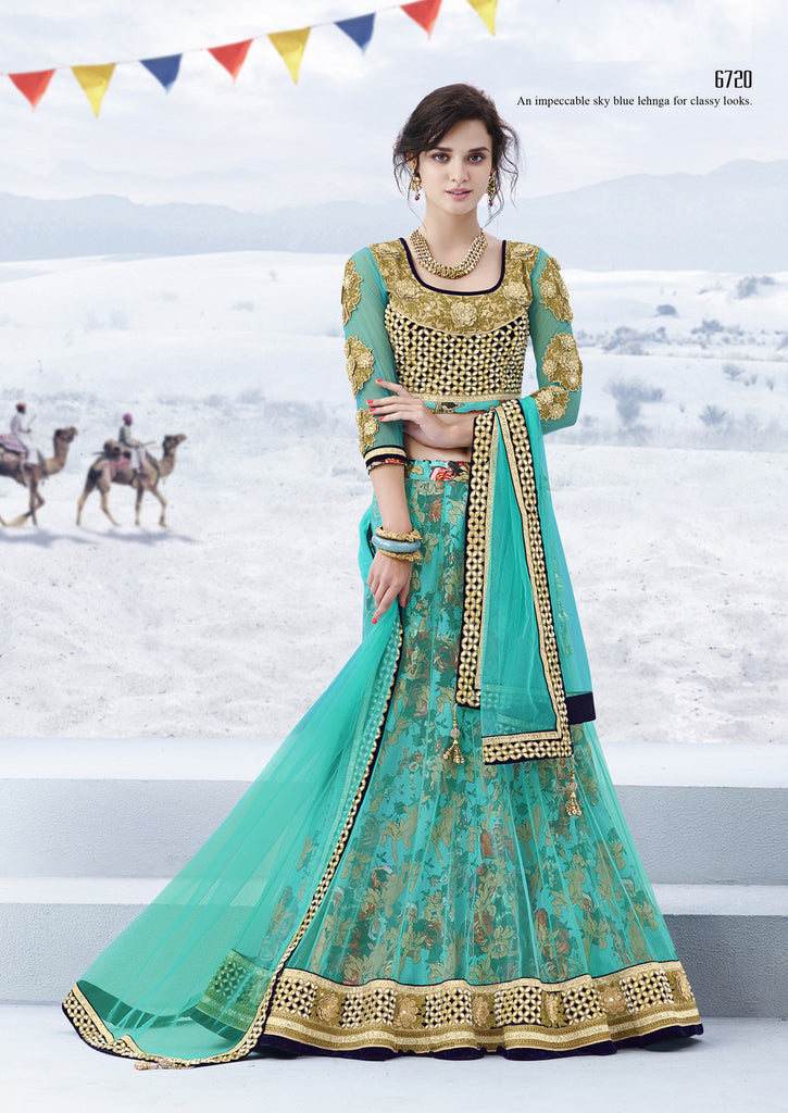 Trendy Light Firoji Net And Digital Print Designer Lehenga
