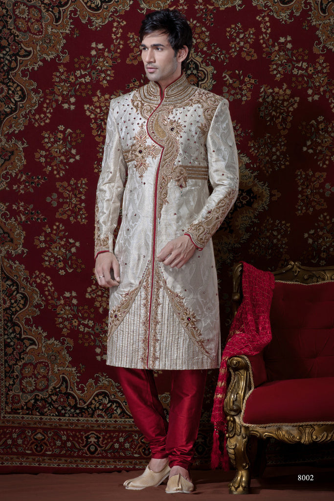 Cream Pure Stone Work Banarasi Silk Sherwani