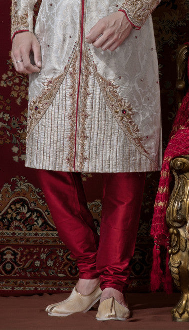 Cream Pure Stone Work Banarasi Silk Sherwani