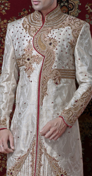 Cream Pure Stone Work Banarasi Silk Sherwani