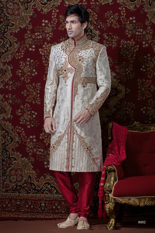 Cream Pure Stone Work Banarasi Silk Sherwani