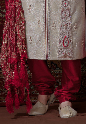 Cream With Gold Banarasi Giccha Sherwani