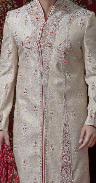 Cream With Gold Banarasi Giccha Sherwani