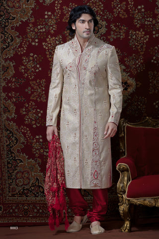 Cream With Gold Banarasi Giccha Sherwani