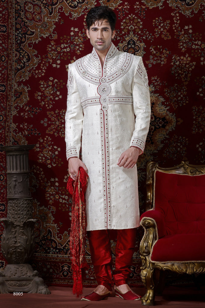 Off White Stone Work Banarasi Giccha Sherwani