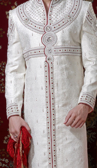 Off White Stone Work Banarasi Giccha Sherwani