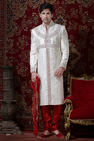 Off White Stone Work Banarasi Giccha Sherwani