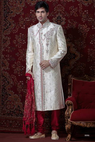 Lemaon Cream Brocade Sherwani
