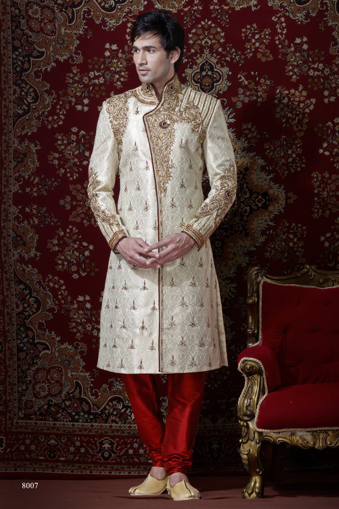 Cream Pure Banarasi Silk Sherwani With Stone Work