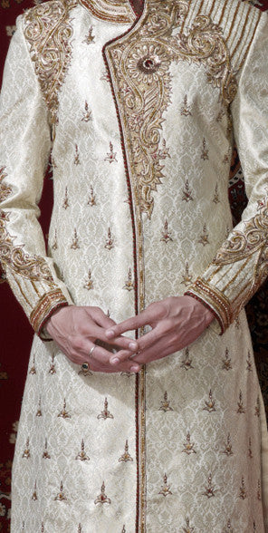 Cream Pure Banarasi Silk Sherwani With Stone Work