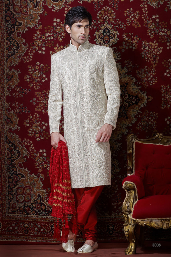 Off White Brocade Sherwani Comes With Stone Work