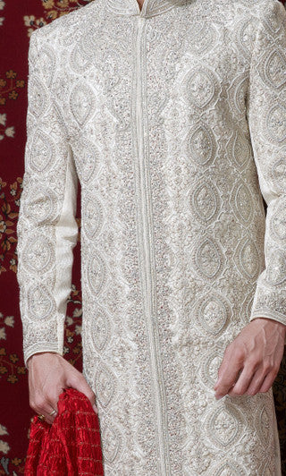 Off White Brocade Sherwani Comes With Stone Work