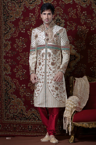 Lemon Cream Brocade Sherwani With Stone Work
