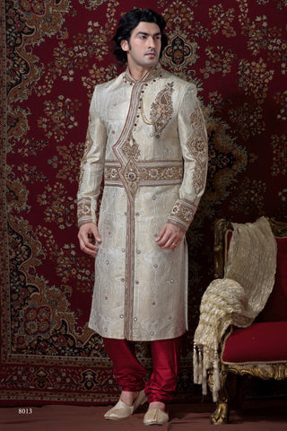 Lemon Cream Pure Banarasi Silk Sherwani