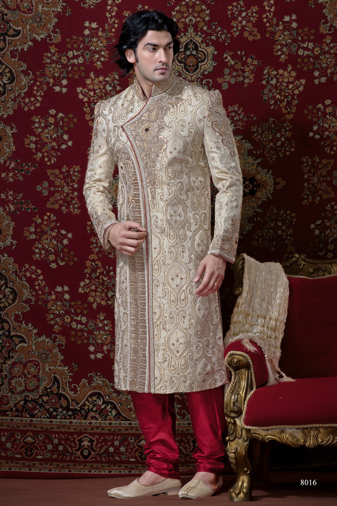 Cream Pure Banarasi Silk Sherwani  With heavy Stone Work