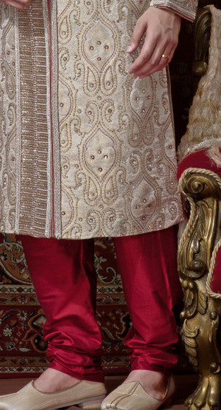 Cream Pure Banarasi Silk Sherwani  With heavy Stone Work
