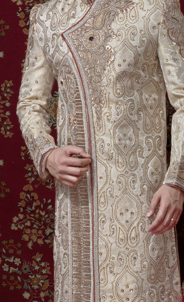 Cream Pure Banarasi Silk Sherwani  With heavy Stone Work