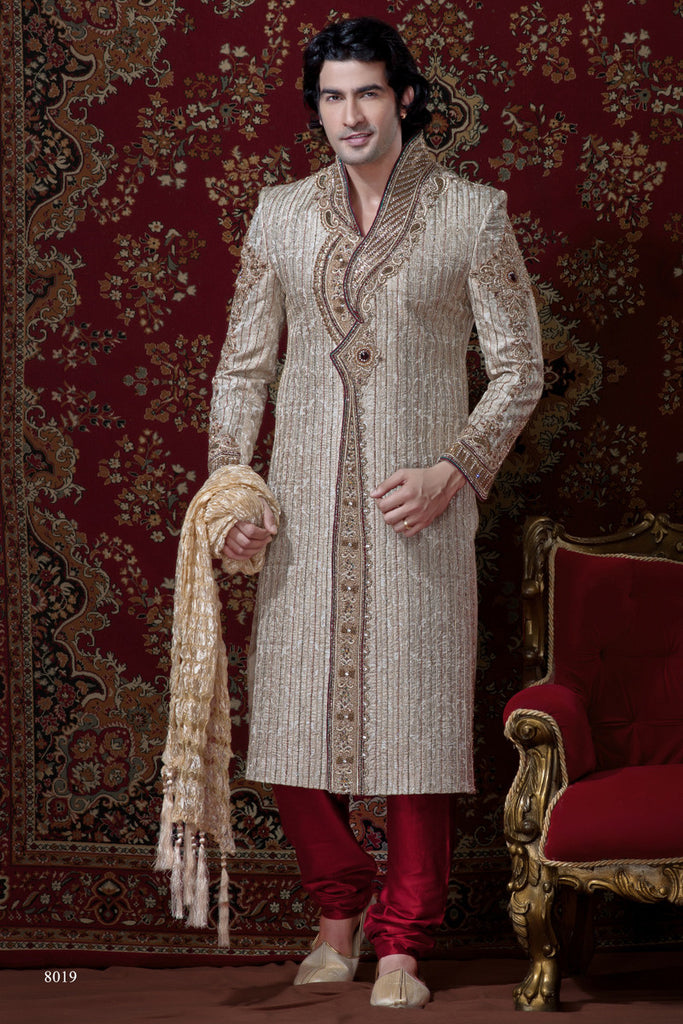 Cream Pure Banarasi Silk Sherwani