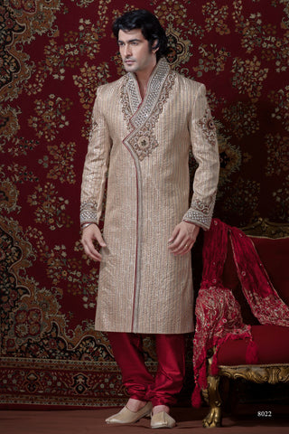 Light Gold Pure Banarasi Silk Sherwani With Heavy Stone Work