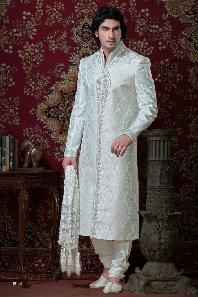 Off White Pure Banarasi Silk Sherwani