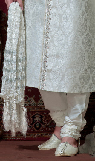 Off White Pure Banarasi Silk Sherwani