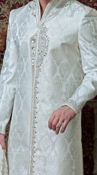 Off White Pure Banarasi Silk Sherwani