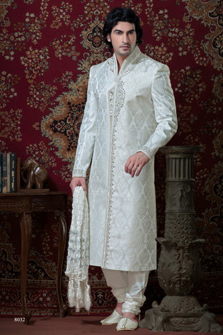 Off White Pure Banarasi Silk Sherwani