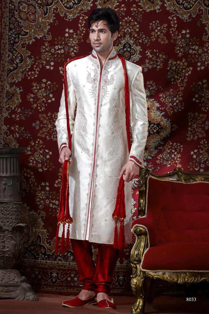 Off White Colored Brocade Sherwani with Work
