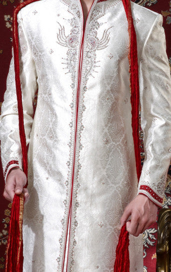Off White Colored Brocade Sherwani with Work