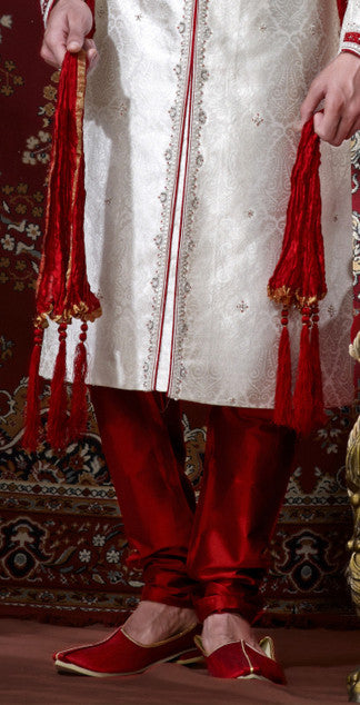 Off White Colored Brocade Sherwani with Work