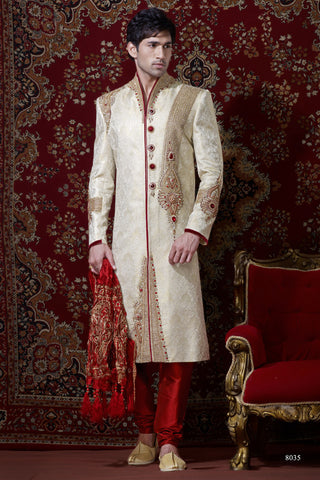 Lemon Gold Pure Banarasi Silk Sherwani With Stone Work